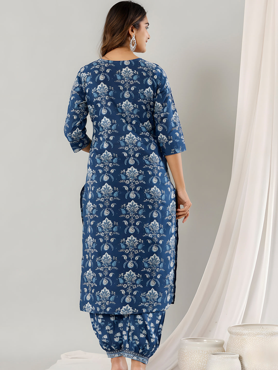 Printed Cotton Straight Kurta With Pant & Dupatta, Blue - Hiral Fashion | Grocsy