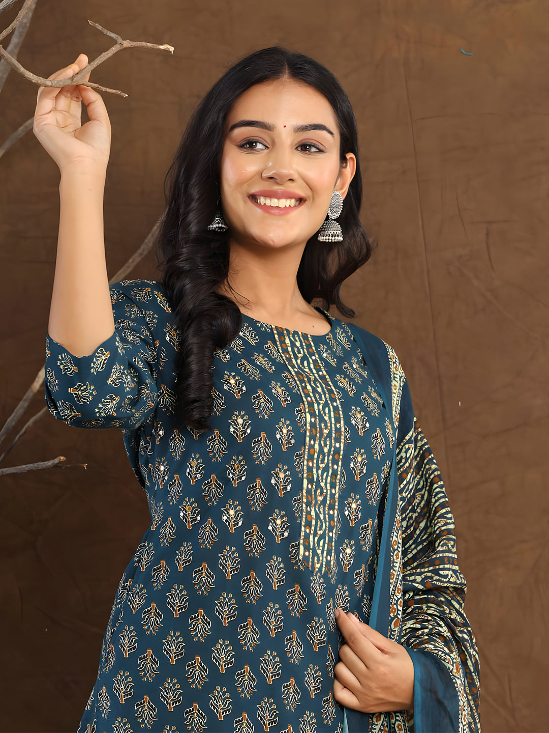 Printed Cotton Straight Kurta With Pant & Dupatta, Blue - Hiral Fashion | Grocsy