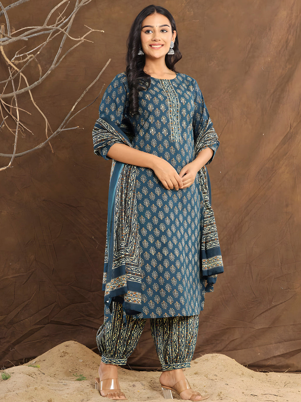 Printed Cotton Straight Kurta With Pant & Dupatta, Blue - Hiral Fashion | Grocsy
