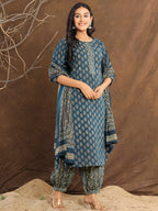 Printed Cotton Straight Kurta With Pant & Dupatta, Blue - Hiral Fashion | Grocsy