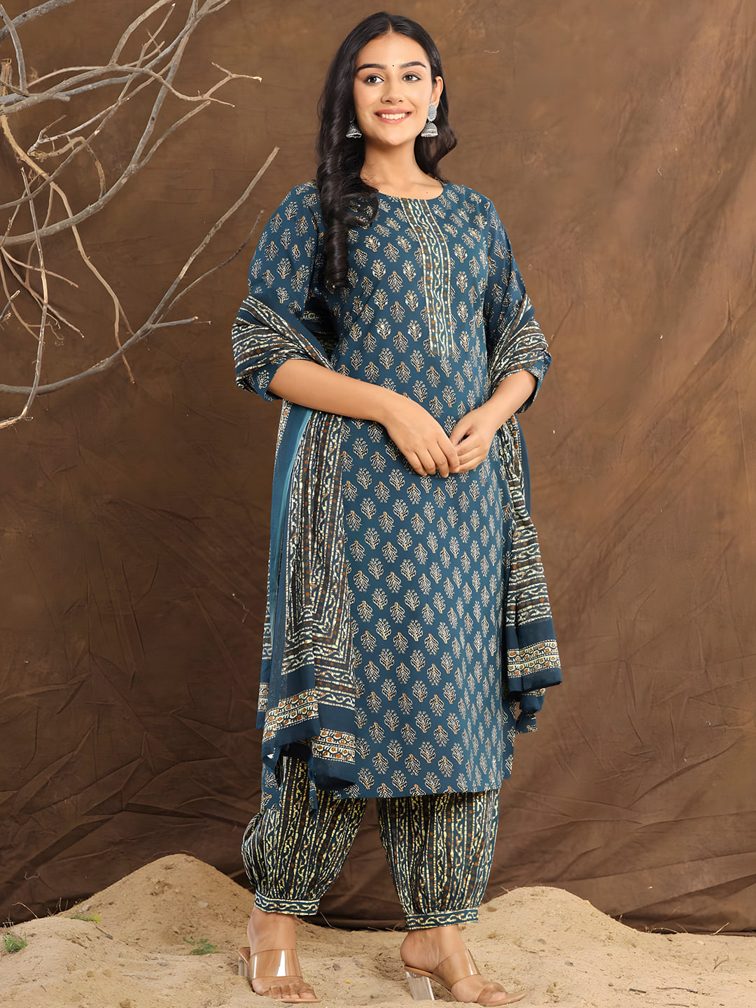 Printed Cotton Straight Kurta With Pant & Dupatta, Blue - Hiral Fashion | Grocsy