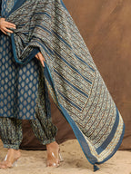 Printed Cotton Straight Kurta With Pant & Dupatta, Blue - Hiral Fashion | Grocsy