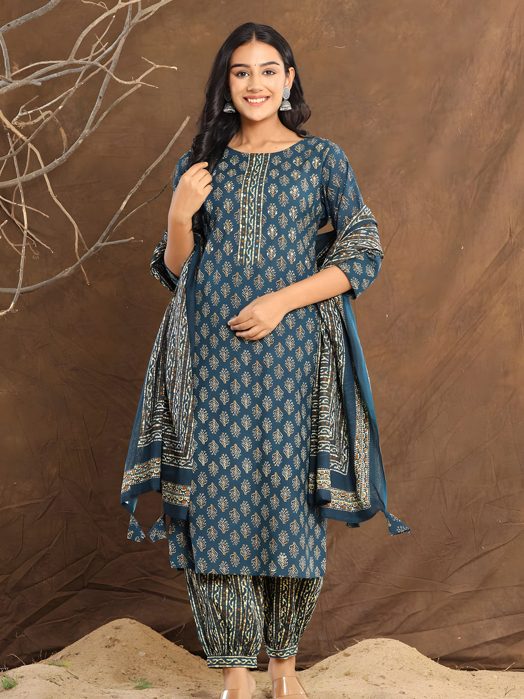 Printed Cotton Straight Kurta With Pant & Dupatta, Blue - Hiral Fashion | Grocsy