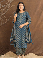 Printed Cotton Straight Kurta With Pant & Dupatta, Blue - Hiral Fashion | Grocsy