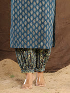 Printed Cotton Straight Kurta With Pant & Dupatta, Blue - Hiral Fashion | Grocsy