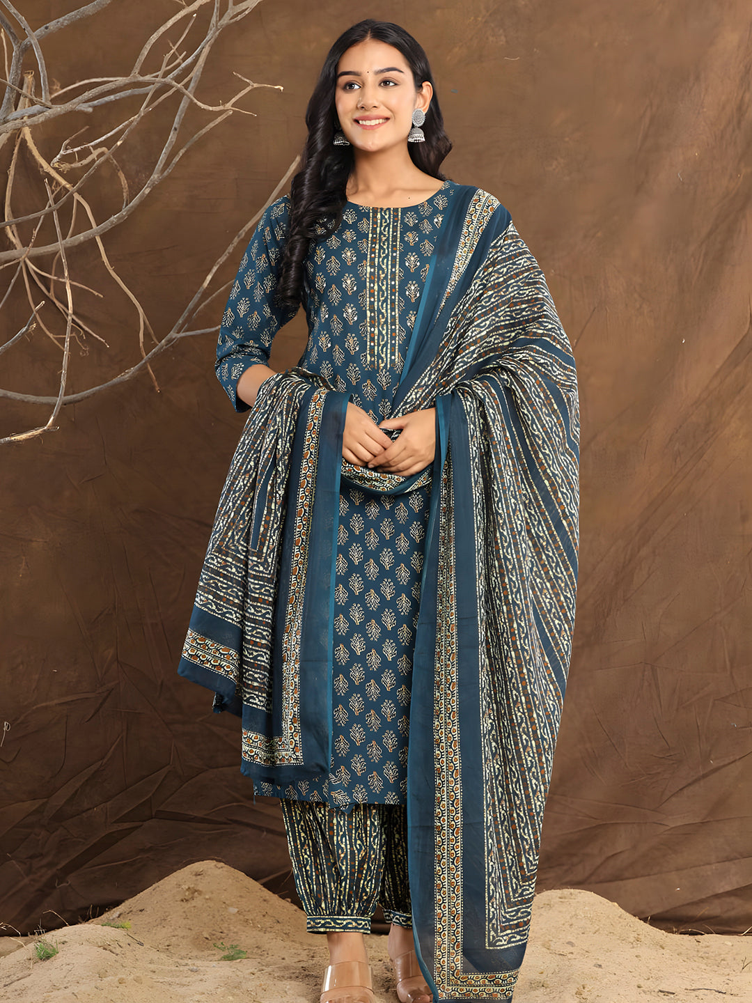 Printed Cotton Straight Kurta With Pant & Dupatta, Blue - Hiral Fashion | Grocsy