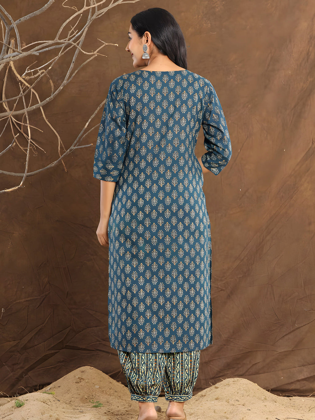 Printed Cotton Straight Kurta With Pant & Dupatta, Blue - Hiral Fashion | Grocsy