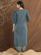 Printed Cotton Straight Kurta With Pant & Dupatta, Blue - Hiral Fashion | Grocsy