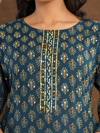 Printed Cotton Straight Kurta With Pant & Dupatta, Blue - Hiral Fashion | Grocsy