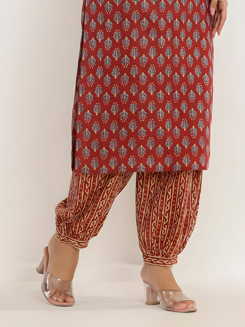Printed Cotton Straight Kurta With Pant & Dupatta, Rust - Hiral Fashion | Grocsy