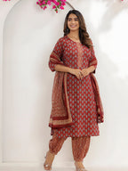 Printed Cotton Straight Kurta With Pant & Dupatta, Rust - Hiral Fashion | Grocsy