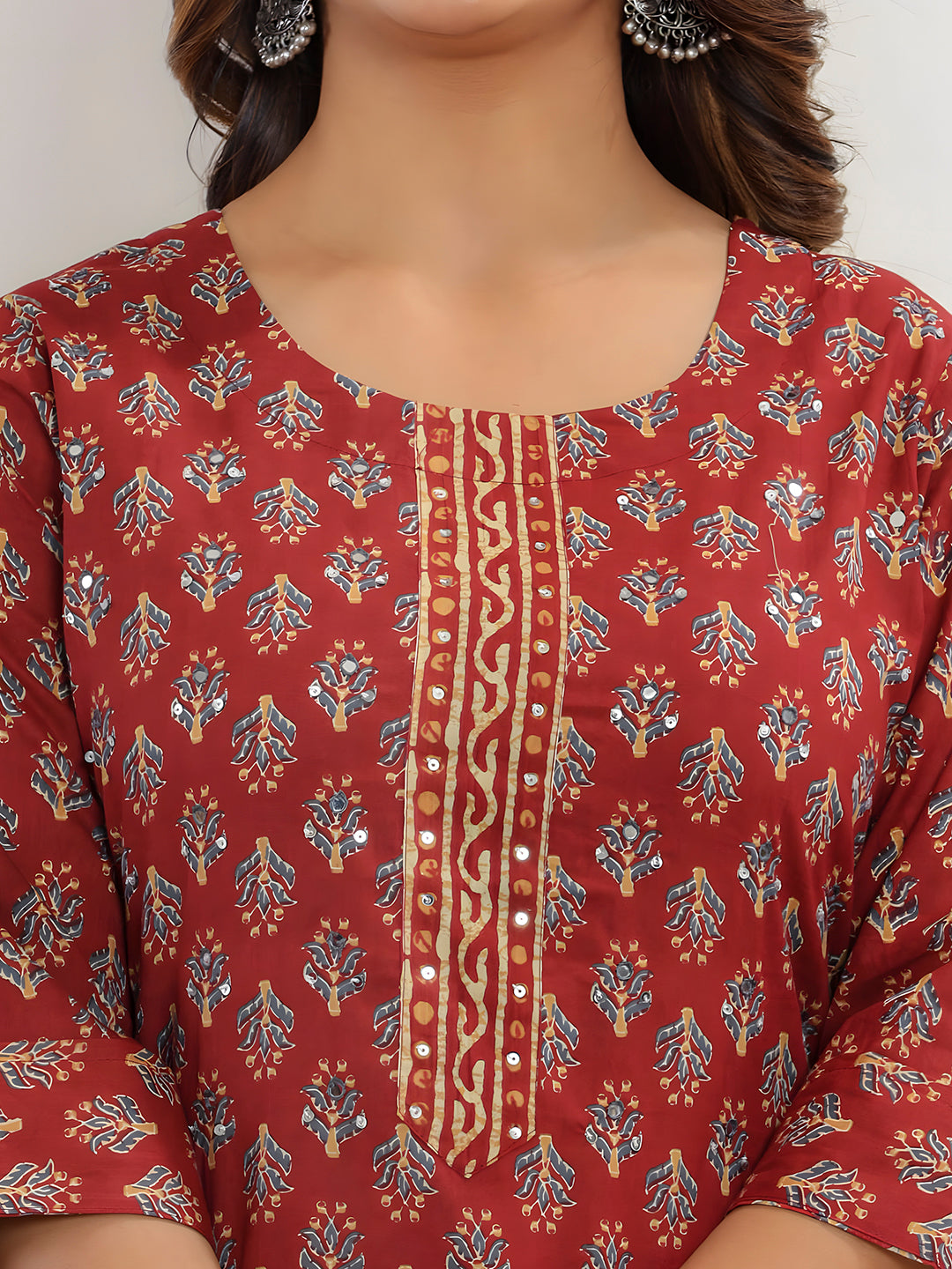 Printed Cotton Straight Kurta With Pant & Dupatta, Rust - Hiral Fashion | Grocsy