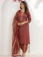 Printed Cotton Straight Kurta With Pant & Dupatta, Rust - Hiral Fashion | Grocsy