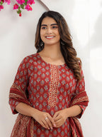 Printed Cotton Straight Kurta With Pant & Dupatta, Rust - Hiral Fashion | Grocsy
