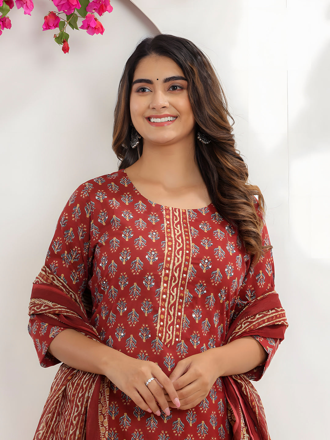 Printed Cotton Straight Kurta With Pant & Dupatta, Rust - Hiral Fashion | Grocsy