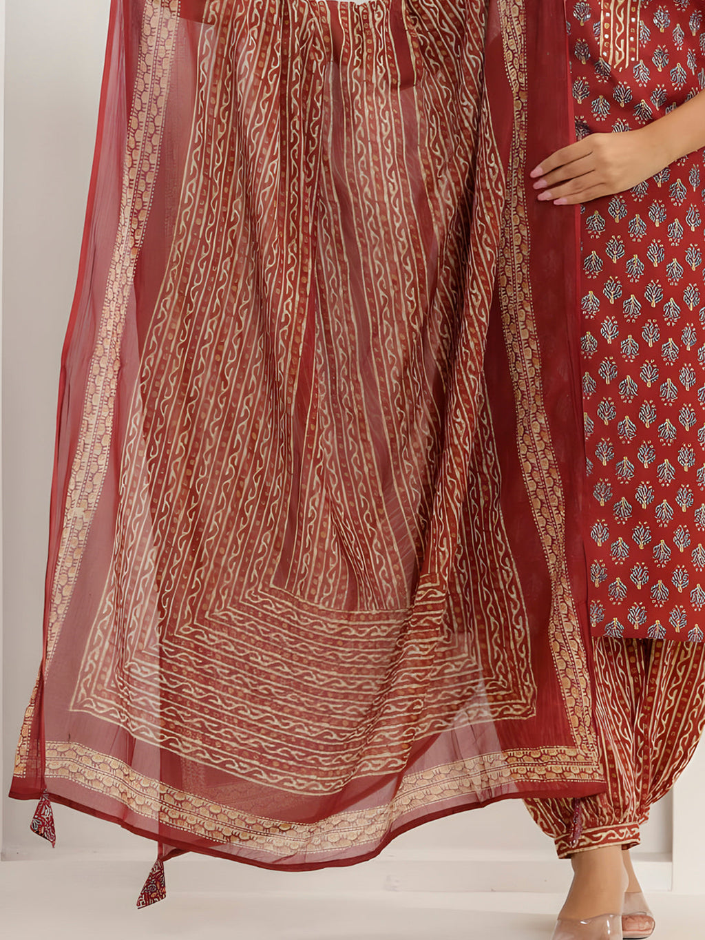 Printed Cotton Straight Kurta With Pant & Dupatta, Rust - Hiral Fashion | Grocsy