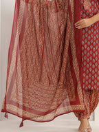 Printed Cotton Straight Kurta With Pant & Dupatta, Rust - Hiral Fashion | Grocsy
