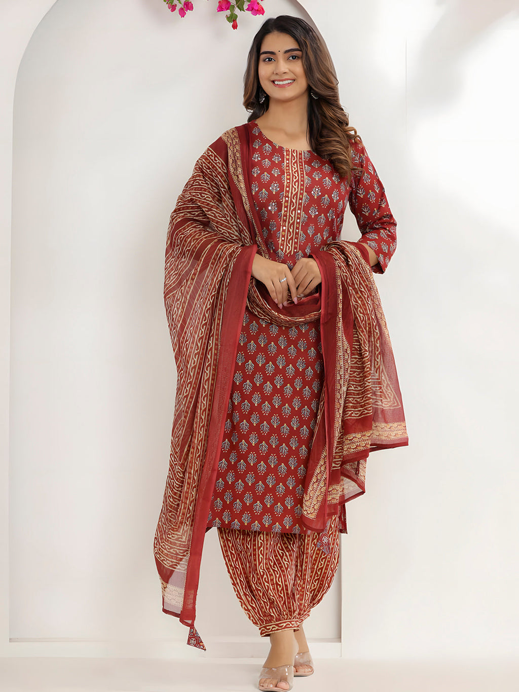 Printed Cotton Straight Kurta With Pant & Dupatta, Rust - Hiral Fashion | Grocsy