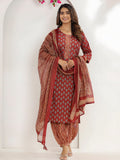 Printed Cotton Straight Kurta With Pant & Dupatta, Rust - Hiral Fashion | Grocsy