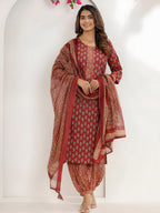 Printed Cotton Straight Kurta With Pant & Dupatta, Rust - Hiral Fashion | Grocsy