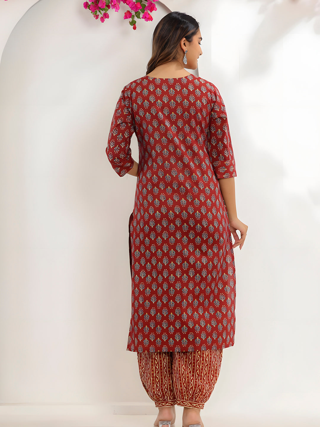 Printed Cotton Straight Kurta With Pant & Dupatta, Rust - Hiral Fashion | Grocsy