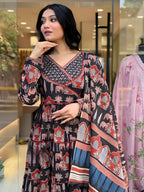 Printed Designer Neck Flared Anarkali Kurta With Pant & Dupatta, Black - Hiral Fashion | Grocsy