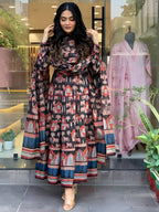 Printed Designer Neck Flared Anarkali Kurta With Pant & Dupatta, Black - Hiral Fashion | Grocsy