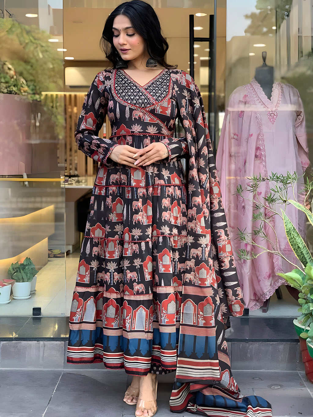 Printed Designer Neck Flared Anarkali Kurta With Pant & Dupatta, Black - Hiral Fashion | Grocsy