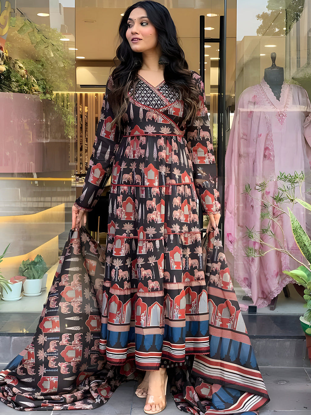 Printed Designer Neck Flared Anarkali Kurta With Pant & Dupatta, Black - Hiral Fashion | Grocsy