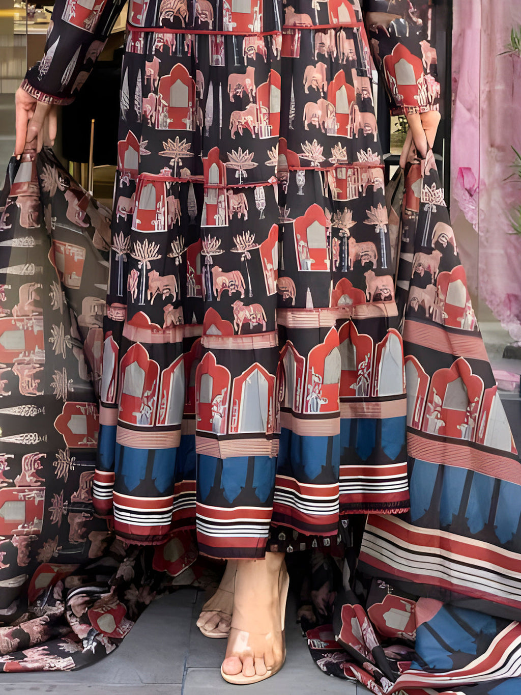 Printed Designer Neck Flared Anarkali Kurta With Pant & Dupatta, Black - Hiral Fashion | Grocsy