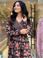 Printed Designer Neck Flared Anarkali Kurta With Pant & Dupatta, Black - Hiral Fashion | Grocsy