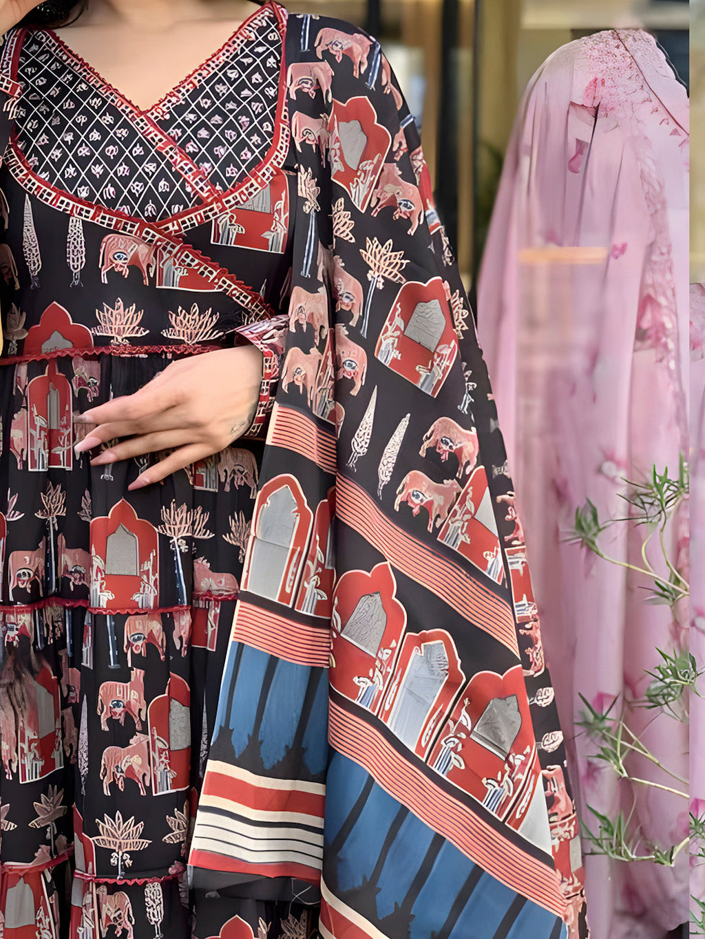 Printed Designer Neck Flared Anarkali Kurta With Pant & Dupatta, Black - Hiral Fashion | Grocsy