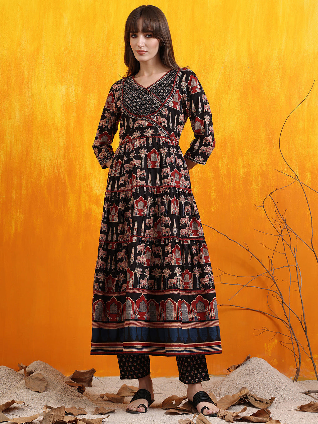 Printed Designer Neck Flared Anarkali Kurta With Pant & Dupatta, Black - Hiral Fashion | Grocsy