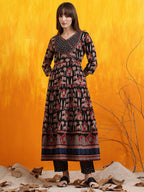 Printed Designer Neck Flared Anarkali Kurta With Pant & Dupatta, Black - Hiral Fashion | Grocsy