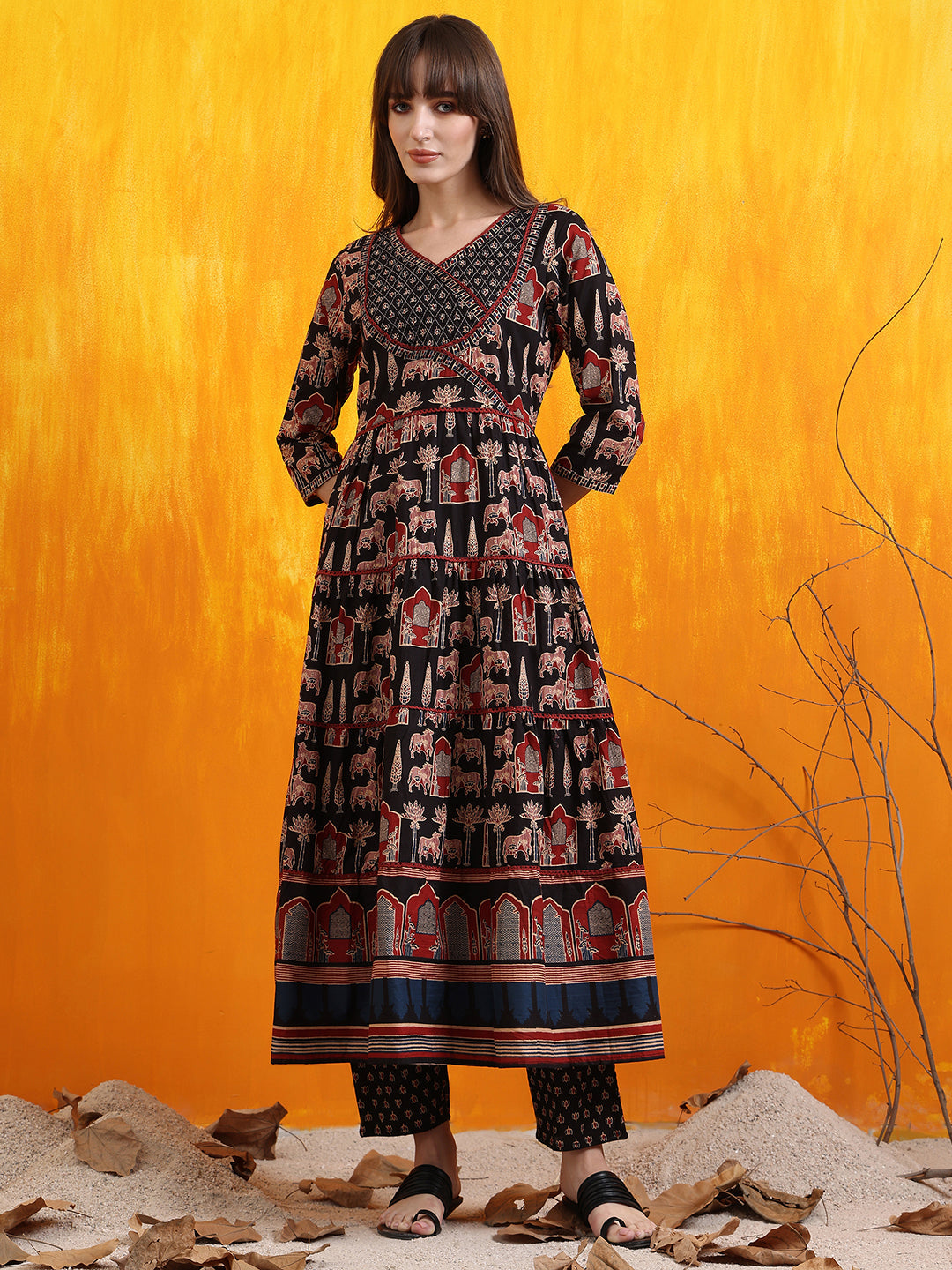Printed Designer Neck Flared Anarkali Kurta With Pant & Dupatta, Black - Hiral Fashion | Grocsy