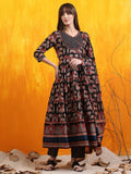 Printed Designer Neck Flared Anarkali Kurta With Pant & Dupatta, Black - Hiral Fashion | Grocsy