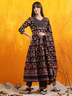 Printed Designer Neck Flared Anarkali Kurta With Pant & Dupatta, Black - Hiral Fashion | Grocsy