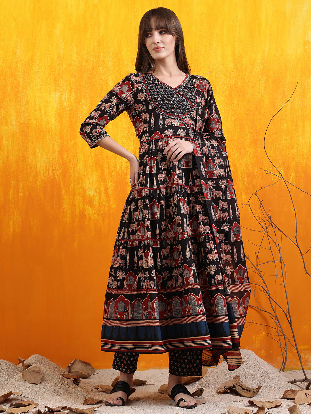 Printed Designer Neck Flared Anarkali Kurta With Pant & Dupatta, Black - Hiral Fashion | Grocsy