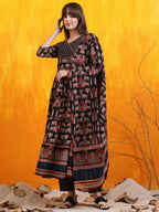 Printed Designer Neck Flared Anarkali Kurta With Pant & Dupatta, Black - Hiral Fashion | Grocsy
