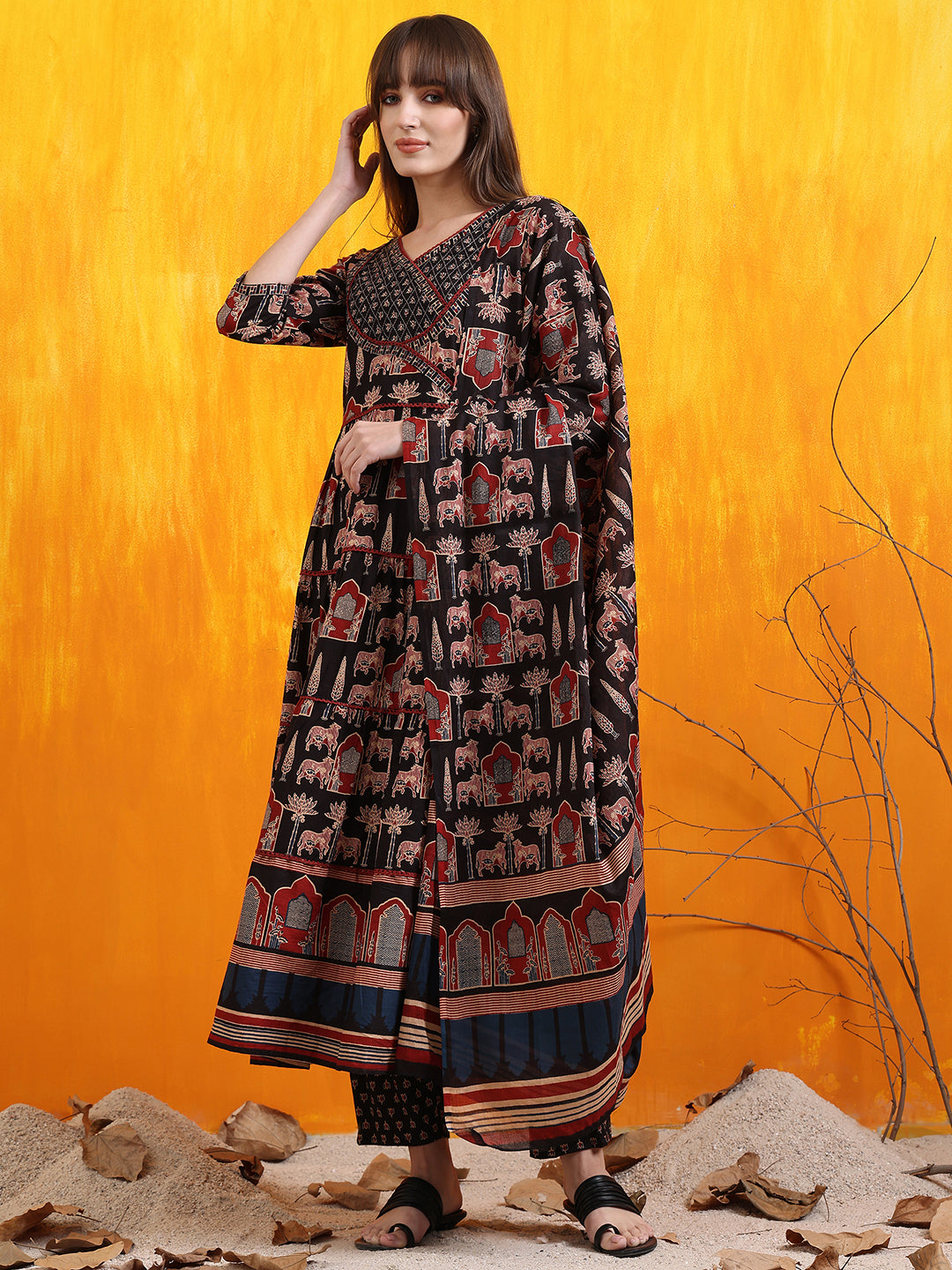 Printed Designer Neck Flared Anarkali Kurta With Pant & Dupatta, Black - Hiral Fashion | Grocsy