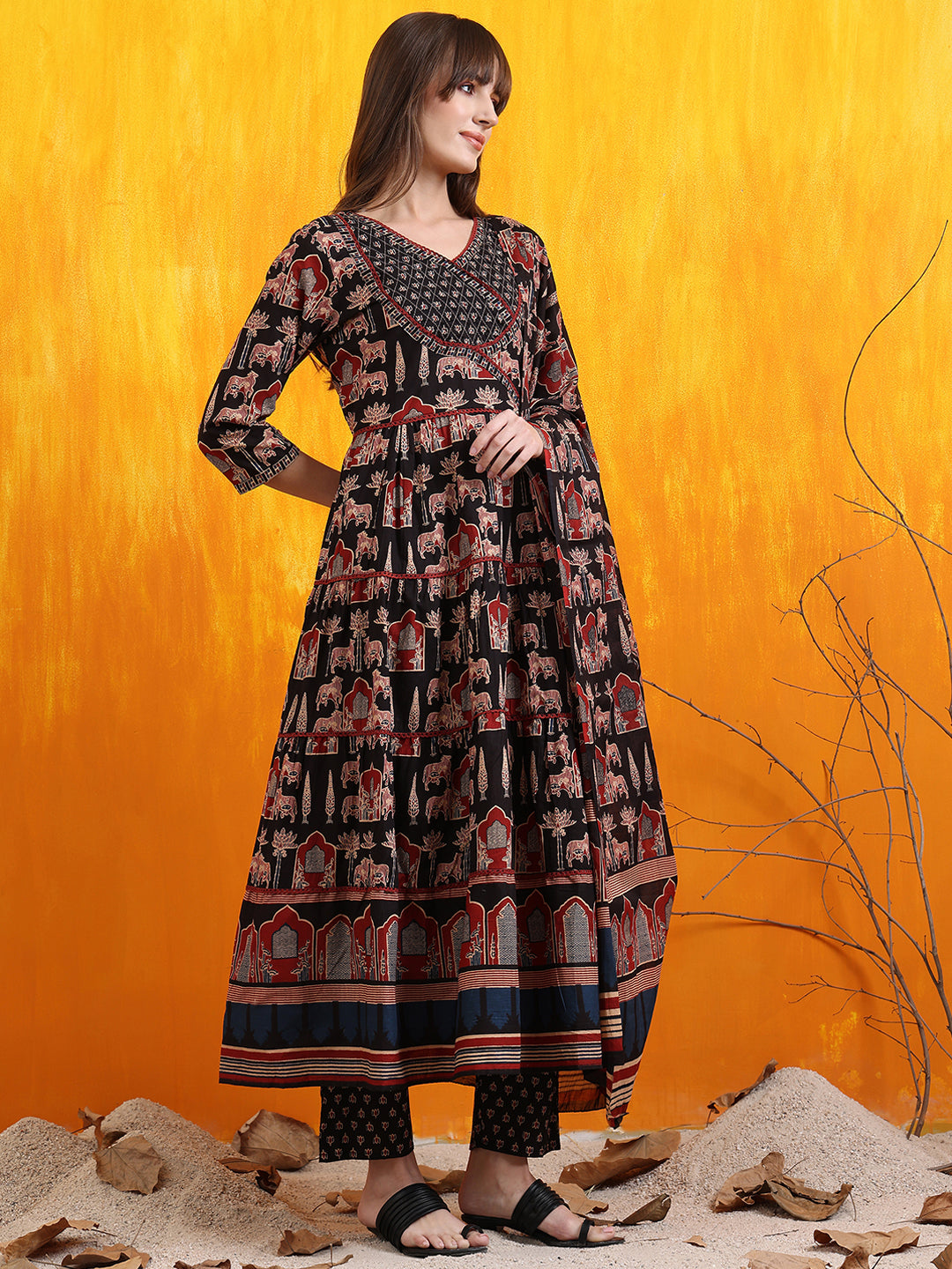 Printed Designer Neck Flared Anarkali Kurta With Pant & Dupatta, Black - Hiral Fashion | Grocsy