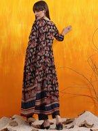 Printed Designer Neck Flared Anarkali Kurta With Pant & Dupatta, Black - Hiral Fashion | Grocsy
