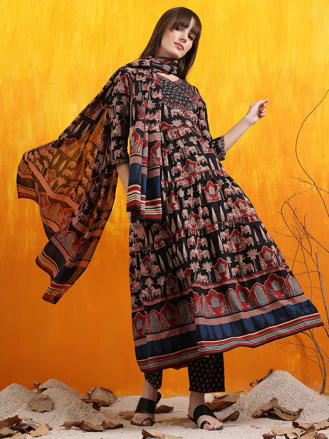 Printed Designer Neck Flared Anarkali Kurta With Pant & Dupatta, Black - Hiral Fashion | Grocsy