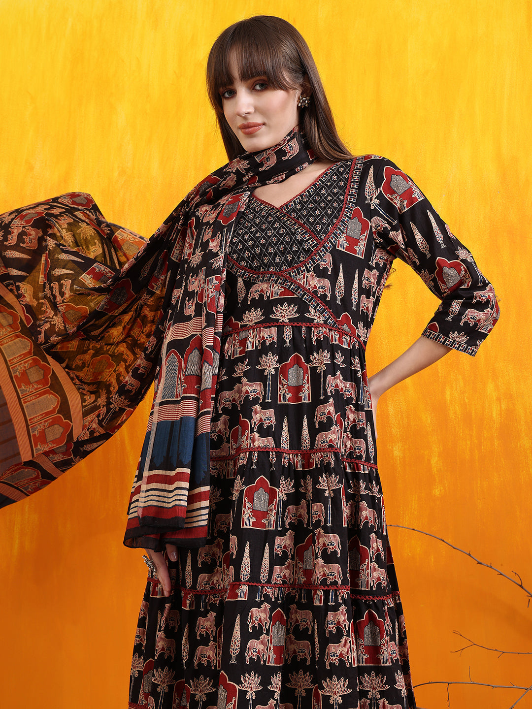 Printed Designer Neck Flared Anarkali Kurta With Pant & Dupatta, Black - Hiral Fashion | Grocsy