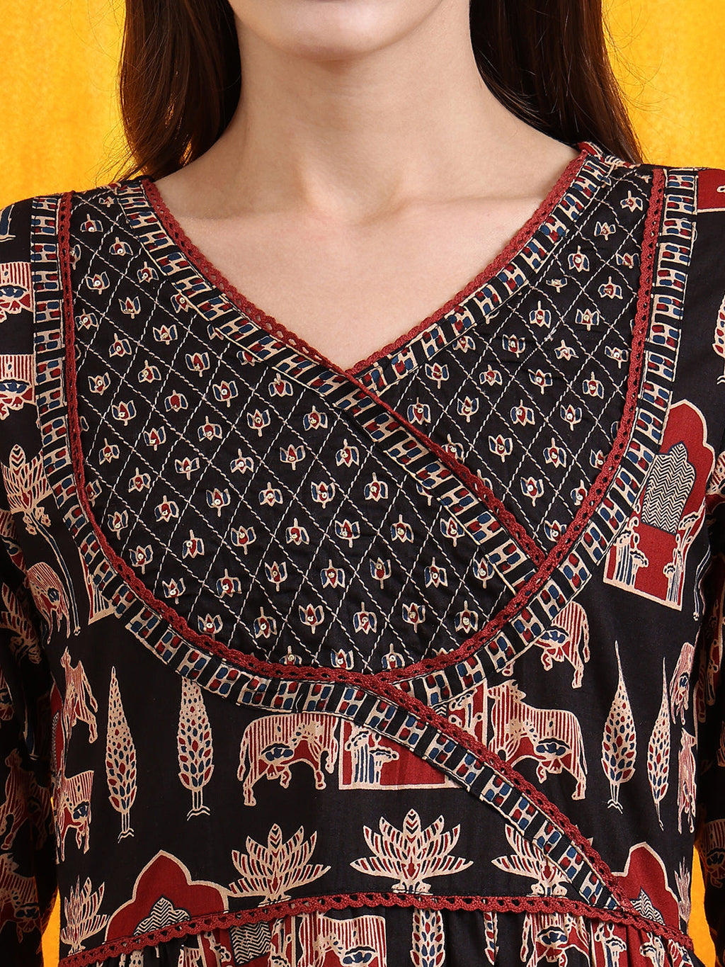 Printed Designer Neck Flared Anarkali Kurta With Pant & Dupatta, Black - Hiral Fashion | Grocsy
