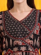 Printed Designer Neck Flared Anarkali Kurta With Pant & Dupatta, Black - Hiral Fashion | Grocsy