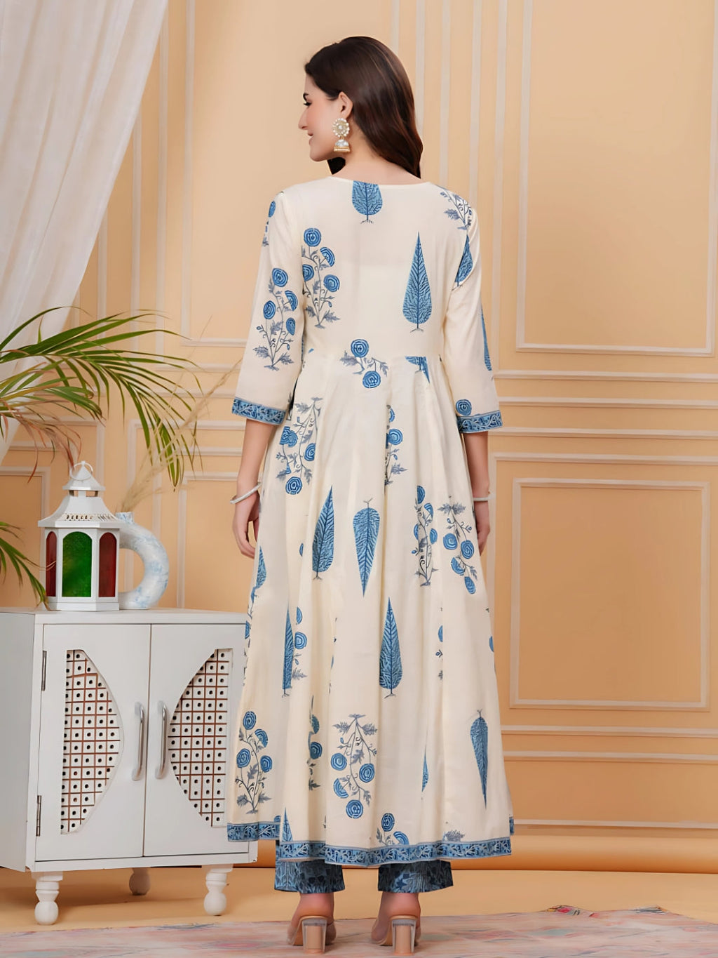Printed Designer Neck Flared Anarkali Kurta With Pant & Dupatta, Aqua-Blue - Hiral Fashion | Grocsy