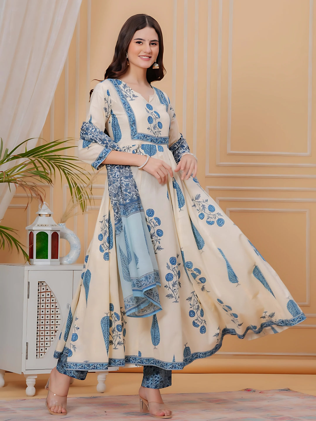 Printed Designer Neck Flared Anarkali Kurta With Pant & Dupatta, Aqua-Blue - Hiral Fashion | Grocsy
