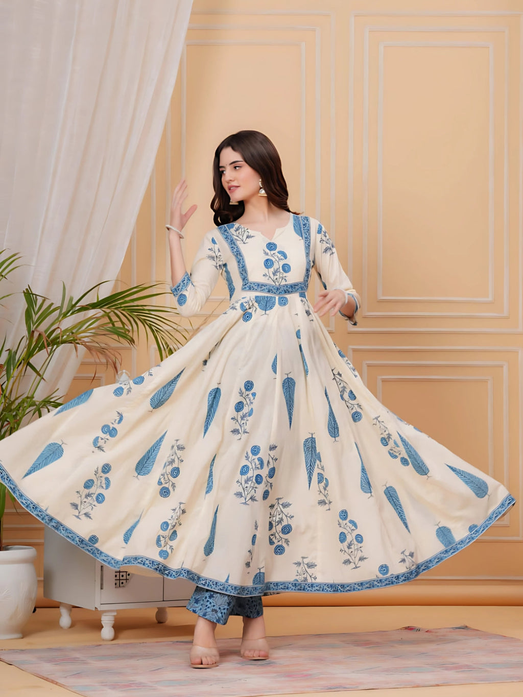Printed Designer Neck Flared Anarkali Kurta With Pant & Dupatta, Aqua-Blue - Hiral Fashion | Grocsy