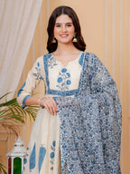 Printed Designer Neck Flared Anarkali Kurta With Pant & Dupatta, Aqua-Blue - Hiral Fashion | Grocsy